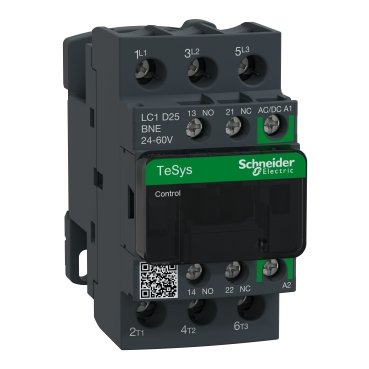 Schneider Electric’s LC1D25BNE TeSys D contactor is a 3-pole (3P), 25A device suitable for AC-3 motor control applications up to 11 kW at 400V.