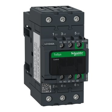 The TeSys D LC1D40ABNE is a robust three-pole contactor with a 40A rating, designed for reliable AC-3 motor control.