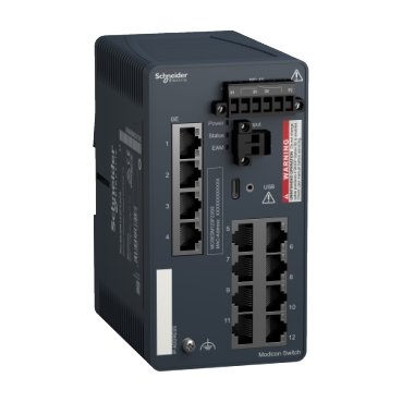 This Modicon managed switch provides 24 Gigabit ports, with robust network management and security, tailored for reliable industrial connectivity.