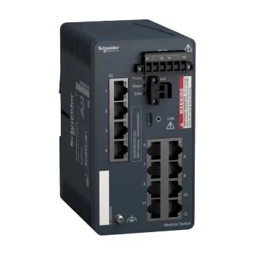 This Modicon managed switch provides 24 Gigabit ports, with robust network management and security, tailored for reliable industrial connectivity.