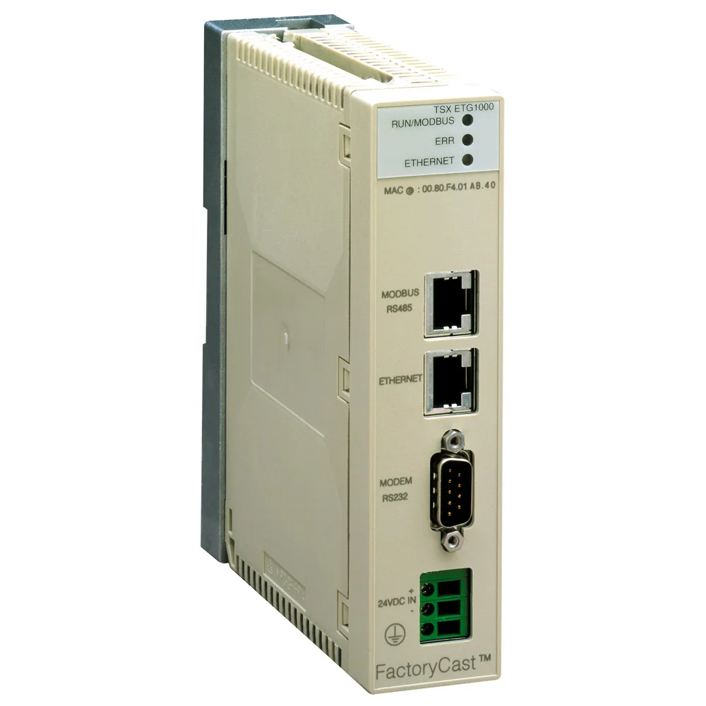 Schneider Electric’s TSXETG1000 Ethernet gateway bridges PLCs to Ethernet networks, facilitating centralized control and remote access.